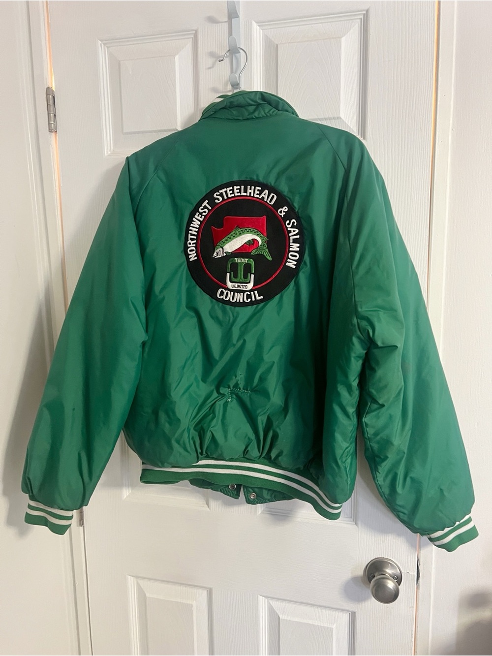Vintage Green Bomber Jacket with Northwest Steelhead & Salmon Council Patch